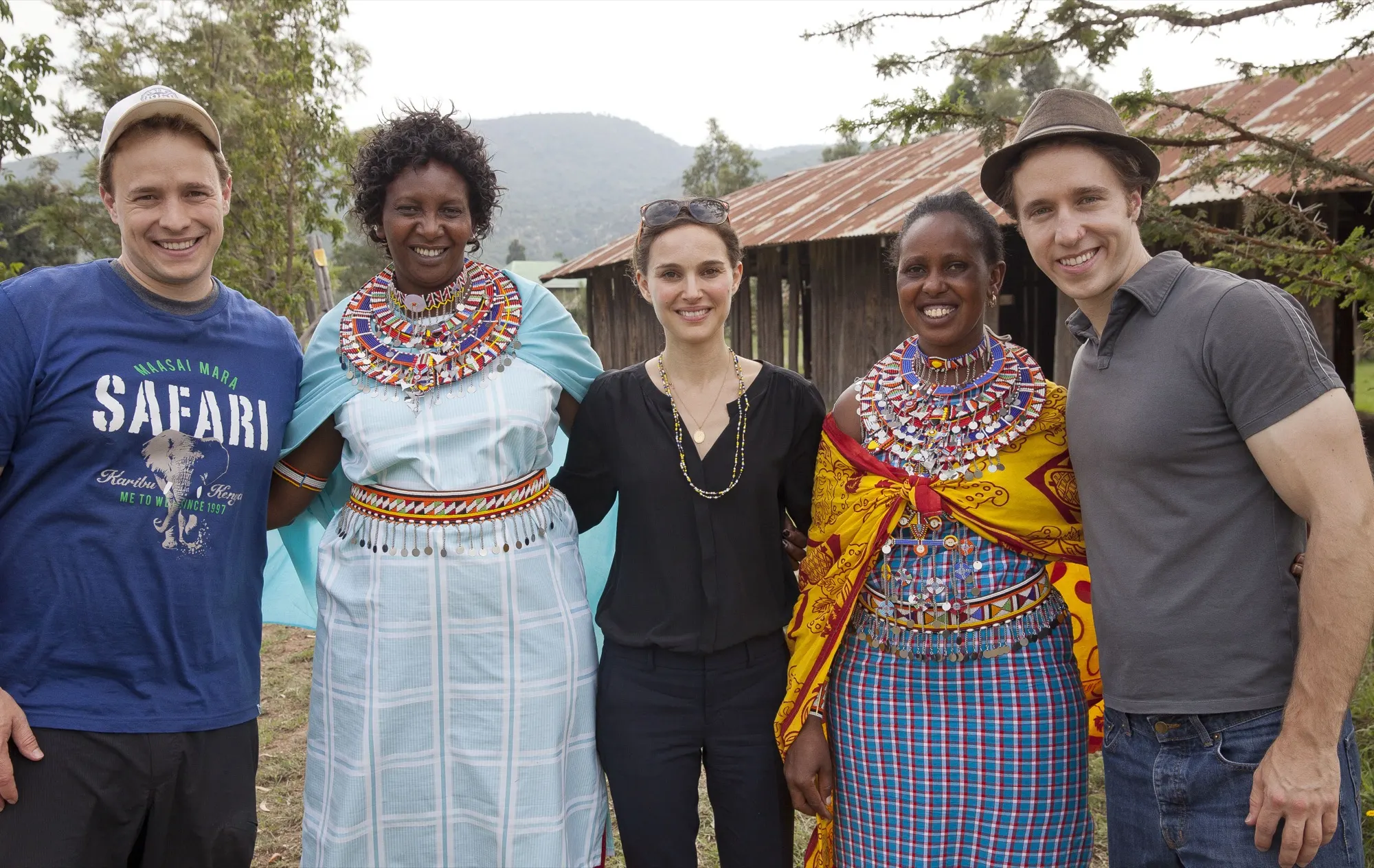 Craig and Marc Kielburger with Natalie Portman visiting community partners in Kenya